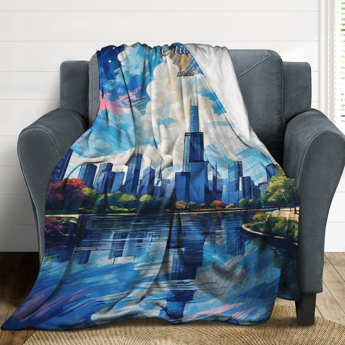 Chicago Illinois City Skyline Landscape Abstract Blanket Soft Flannel Lightweight Blanket Outdoor Travel Carry Living Room Bedroom Sofa Decoration Gifts 50x60 Inch