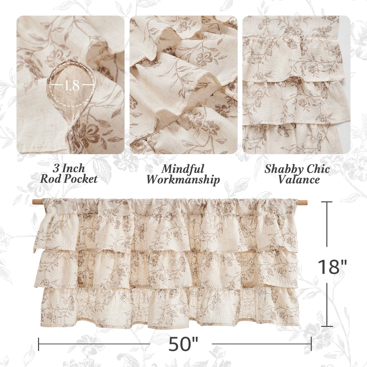 jinchan Ruffled Floral Valance Curtain Shabbychic Linen Window Valance 18 Inch Farmhouse Rustic Window Treatment for Kitchen Bedroom Living Room Rod Pocket 1 Panel Taupe on Linen