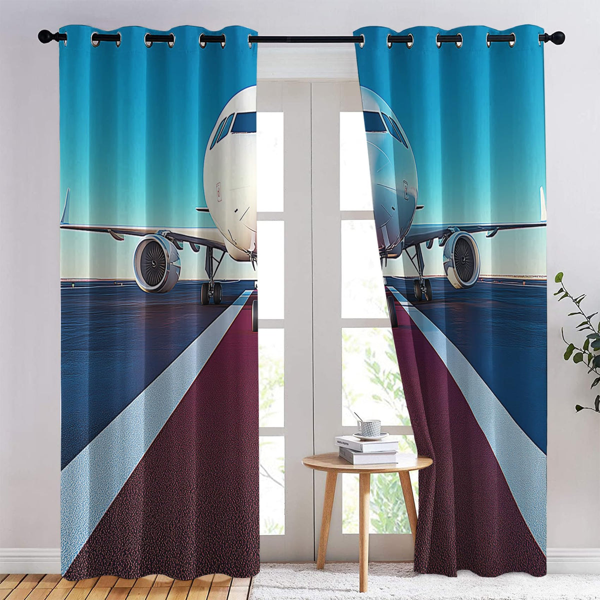 Phtbz Airplane Curtains 45 Inch Length 2 Panels Set, Jet Aircraft Patterned Blackout Curtains for Bedroom, Living Room Decor, Room Darkening Thermal Insulated Grommet Drapes