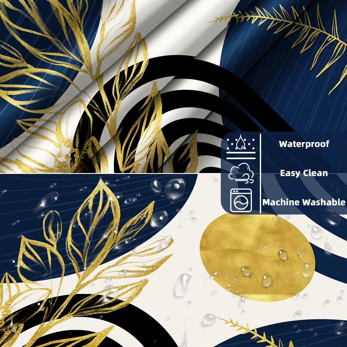 Boho Mid Century Modern Hookless Shower Curtain with Snap in Liner, Navy Blue and Gold No Hook Double Layer Shower Curtains and Liner Set, Waterproof Cloth Fabric, 60" W X 74" L