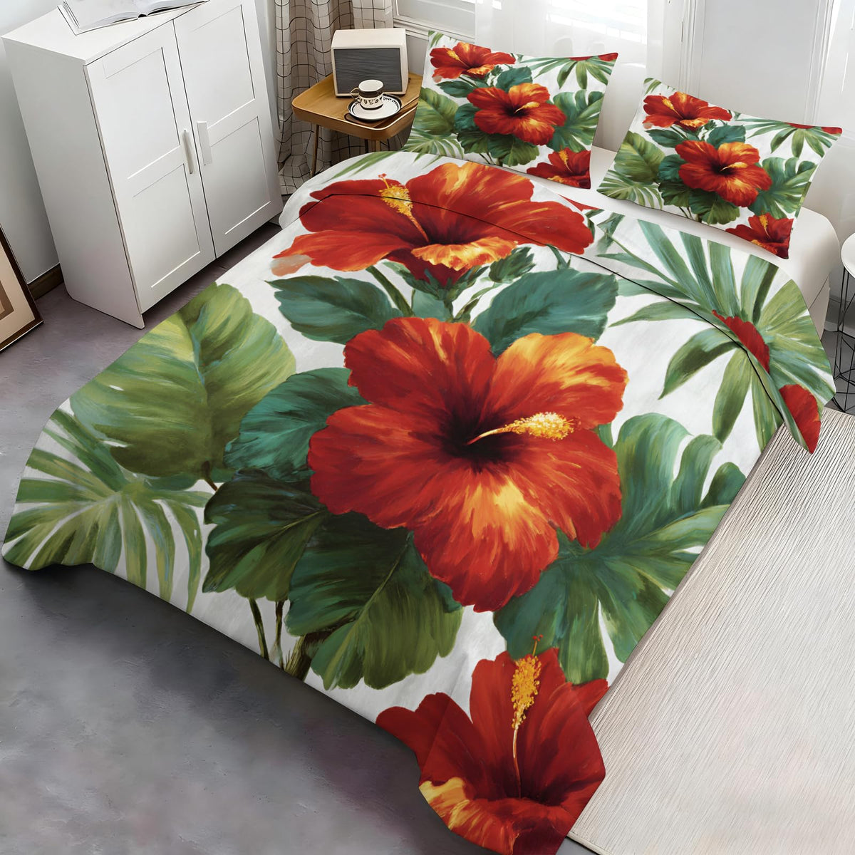 ZAMODE Floral Comforter Cover 104" x 90", Tropical Plants Hibiscus Bedding King Size, Hawaiian Summer Floral Duvet Cover with 2 Pillowcases
