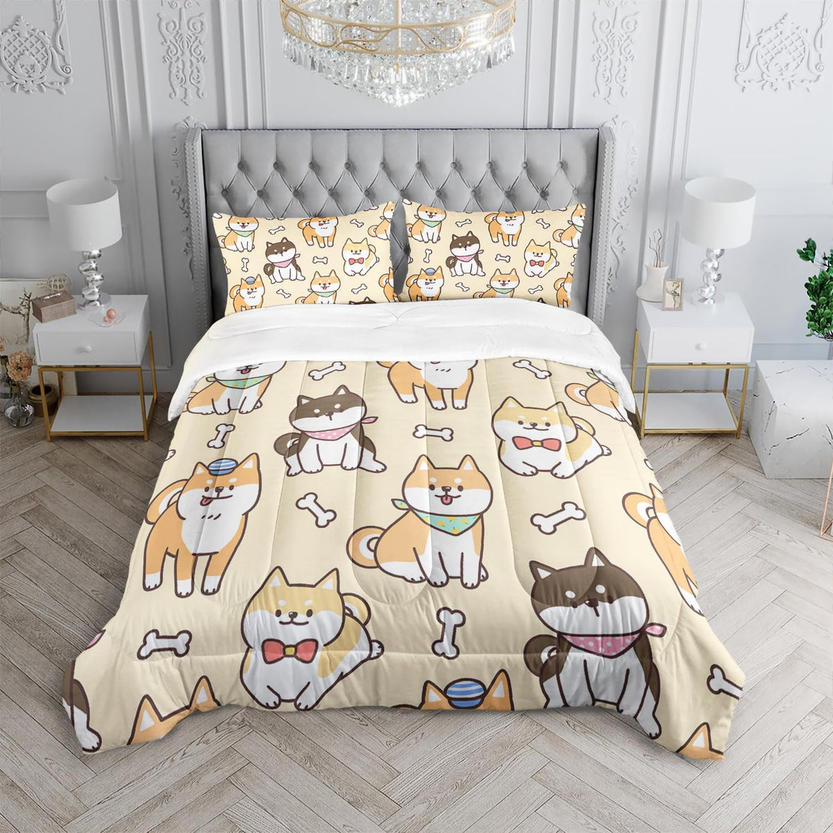 XYNHML Kawaii Cartoon Corgi Dog Animal Themed 3Pcs Comforter Full Yellow Black Dogs Pattern Bedding for Kids Teens Girls Boys Cute White Bone Quilt Bed Decor Set with 1 Comforter and 2 Pillowcases