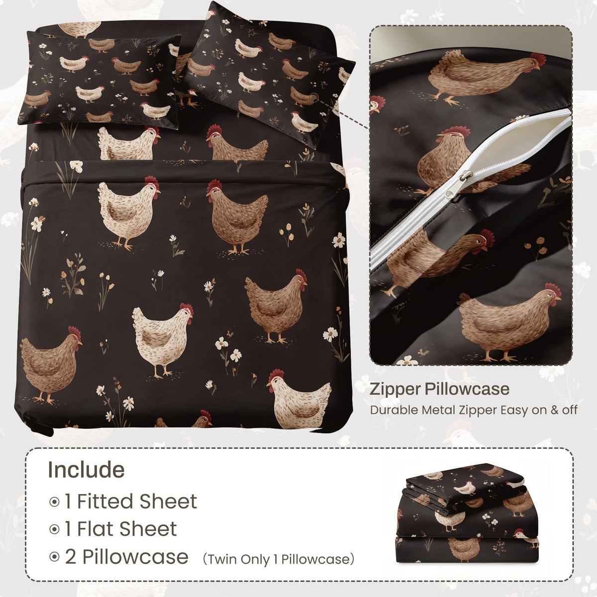 Chicken Full Sheet Set Rustic Farmhouse Flat Fitted Sheet Sets, Brown