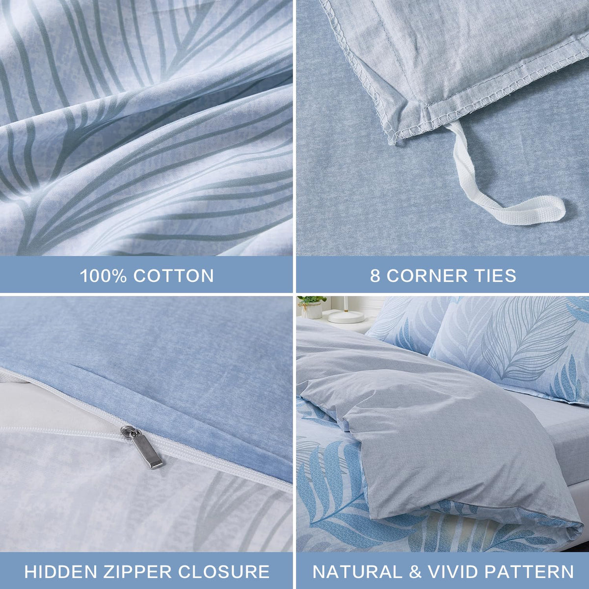 SAPHREAS Blue Leaf Duvet Cover Set Full Size 3pcs Tropical Botanical Monstera Leaf Pattern Bedding Comforter Cover Set 100% Cotton 1 Duvet Cover 2 Pillow Shams