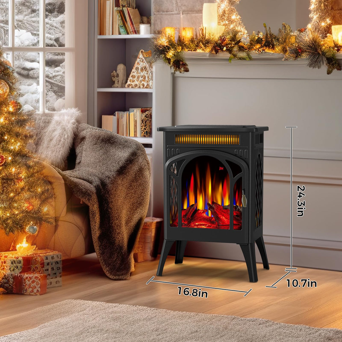 Electric Fireplace Stove, 1500W, Fast Heating, X Infrared Fireplace Heater with Remote Control, 8H Timer, Freestanding Stove with Adjustable 3D Flame Overheat Protection, Indoor Fireplace