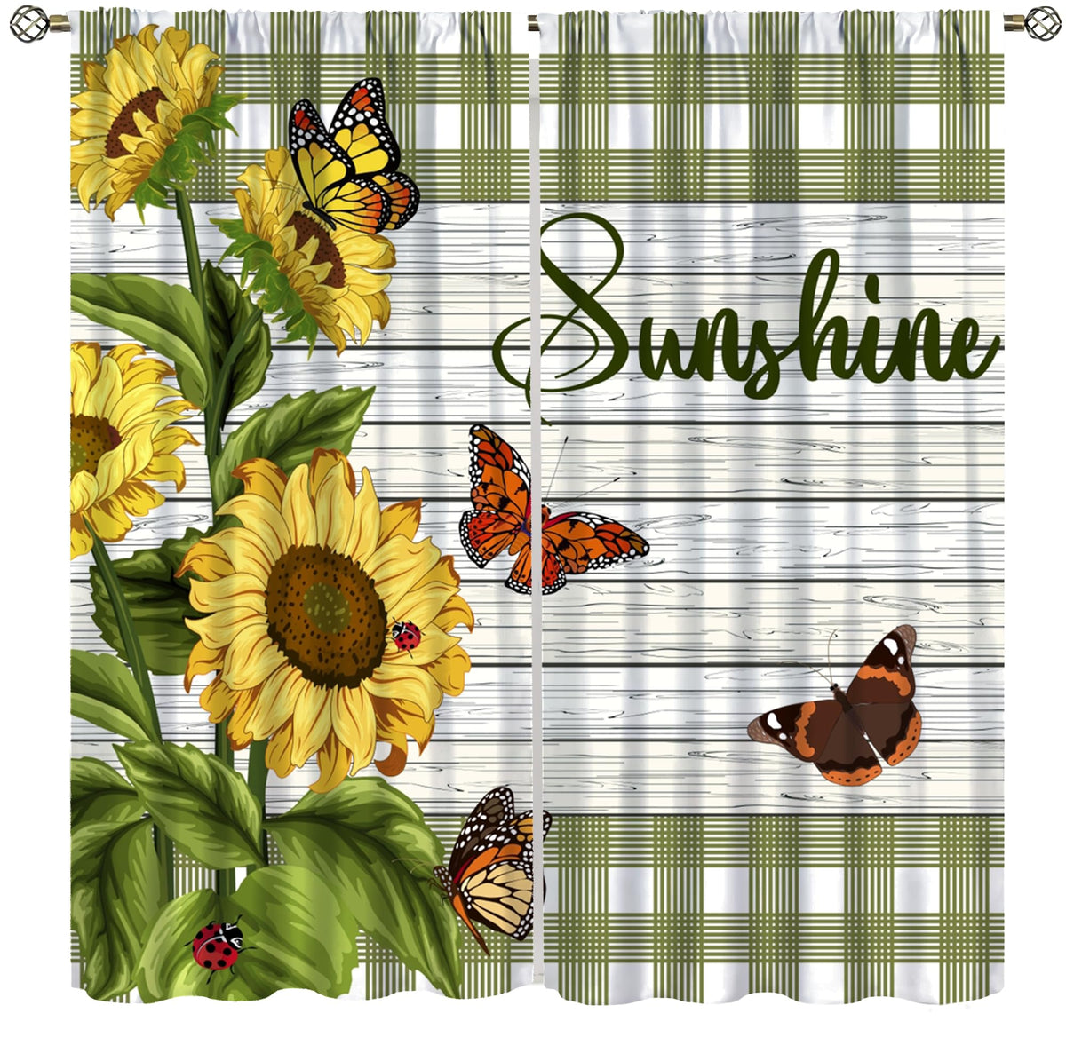 Spring Sunflower Curtains Rustic Plant Helianthus Yellow Flower Butterfly Pattern Rod Pocket Window Treatments for Girls Kids Bedroom Kitchen Living Room 2 Panel Set 41" x 45" (No Blackout)