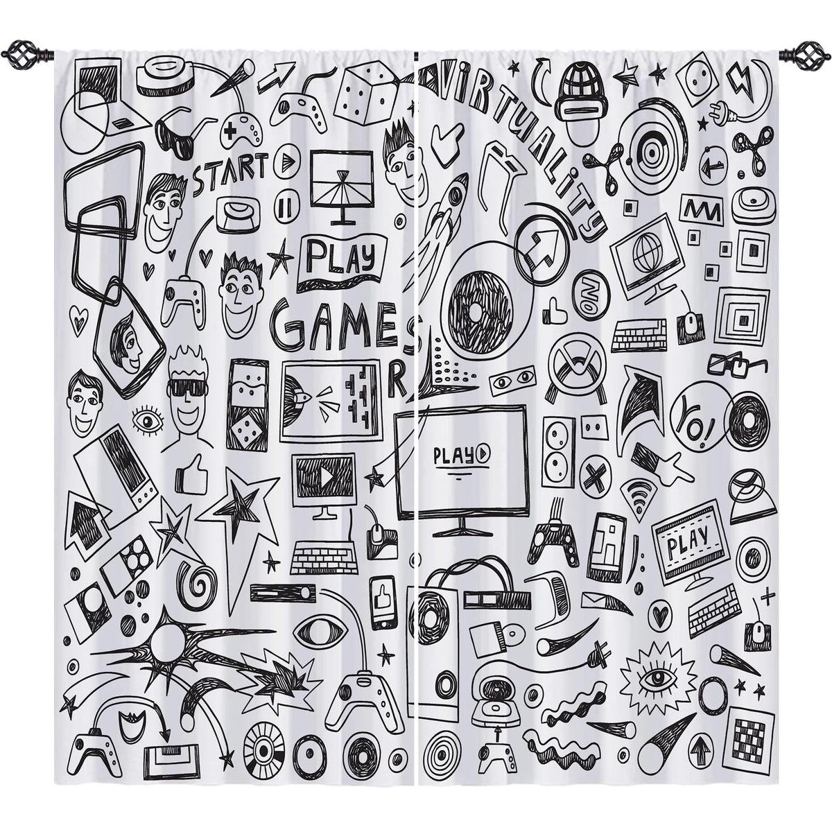 YUANZU Video Game Curtains W42 x L63 Inch Rod Pocket Kids Computer Gamepad Sports Rocket Teen 90's Print Pattern Privacy Fabric Window Drapes for Boys Girls Bedroom Nursery Baby Playroom 2 Panels