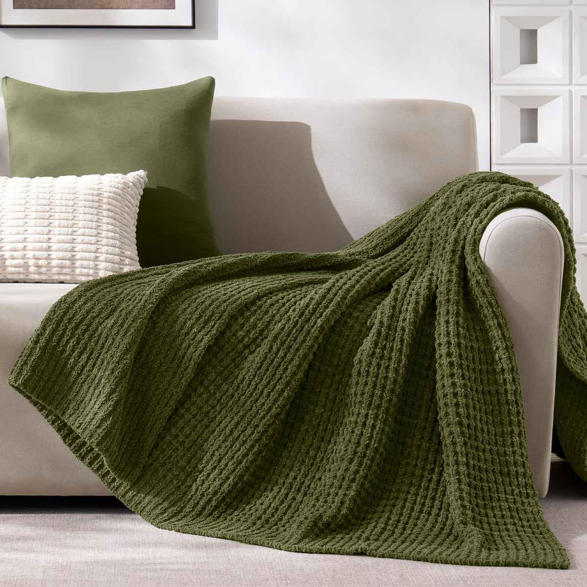PHF Chenille Waffle Knit Throw Blanket- Plush Warm & Cozy 50" x 60" Ultra Soft Blanket- Chunky Fluffy Waffle Throws for Couch Bed Sofa - Olive Green