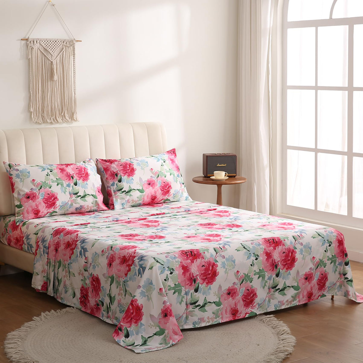 JSD Watercolor Rose Floral Sheet Set King Size, 4 Piece Soft Printed Microfiber Sheets Extra Deep Pocket