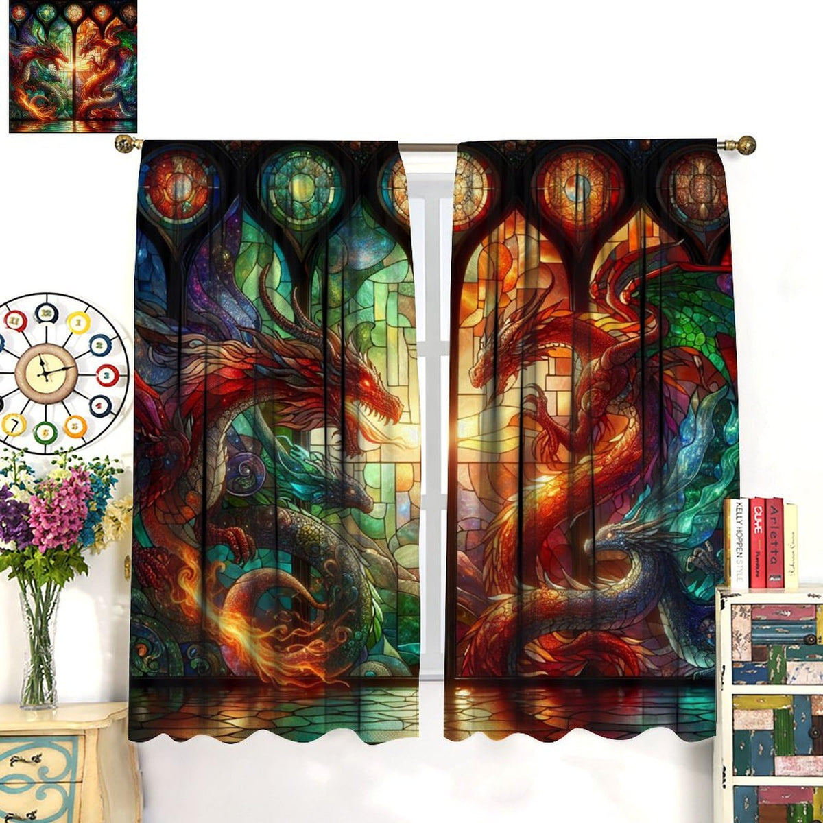 FengMingRui Western Dragon Kids Window Curtains, Stained Glass Green Red Dragon Natural Window Treatments for Boys Girls Bedroom Game Room Window Drapes 42" W X 45" L