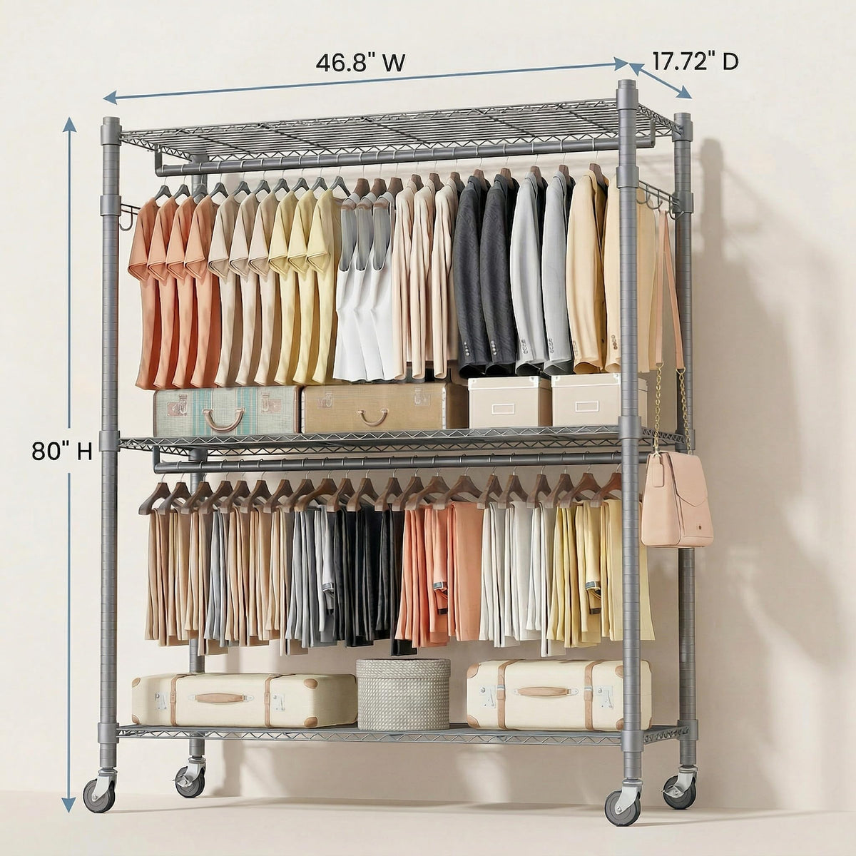 Homdox Rolling Clothes Rack Heavy Duty, 3-Tier Adjustable Wire Shelving Garment Organizer with Double Rods & Hooks, Portable Clothes Rack with Wheels, 17.72" D x 47.24" W x 80.71" H, Grey