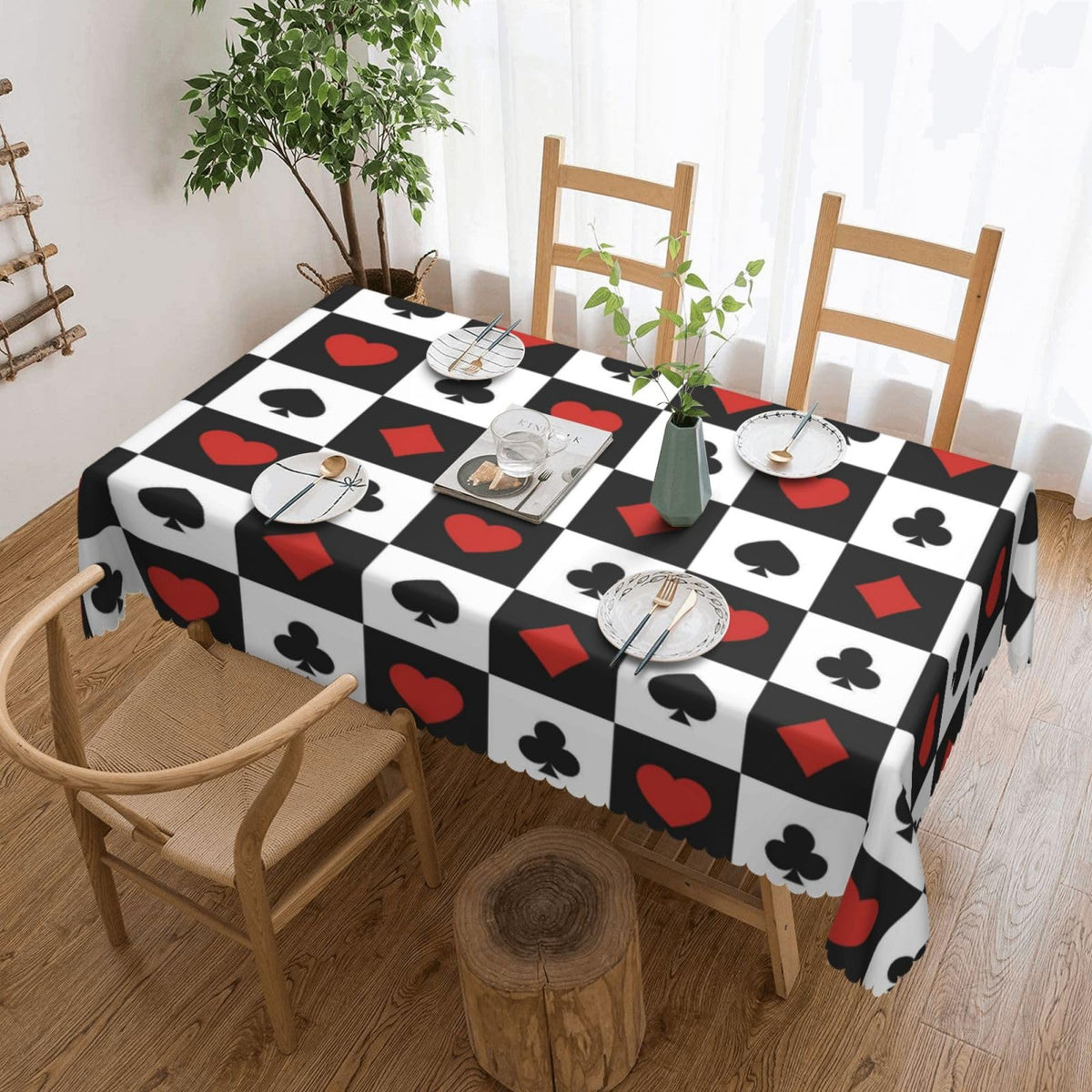 GOUROISE Playing Cards Rectangular Tablecloth, Card Pattern 54x72 Inch Wavy Lace Border Polyester Table Cloth for Dining, Kitchen, Parties