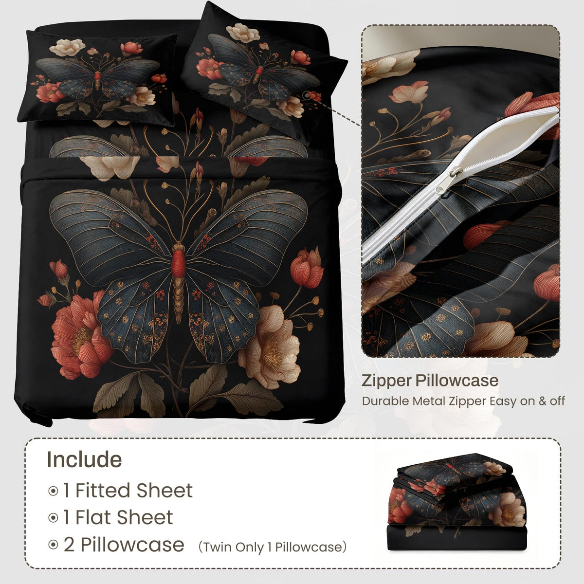 Butterfly Sheet Set, 4 Pcs King Size Moth Aesthetic Bed Sheets