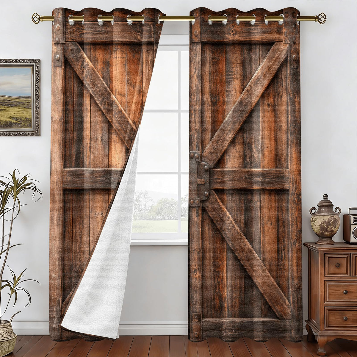 Warm Brown Rustic Barn Door Blackout Curtains, Vintage Wooden Texture Grommet Top Window Drapes, Thermal Insulated Room Darkening Curtains for Bedroom Farmhouse Cabin, 2 Panels Set, 37"W x 63"L