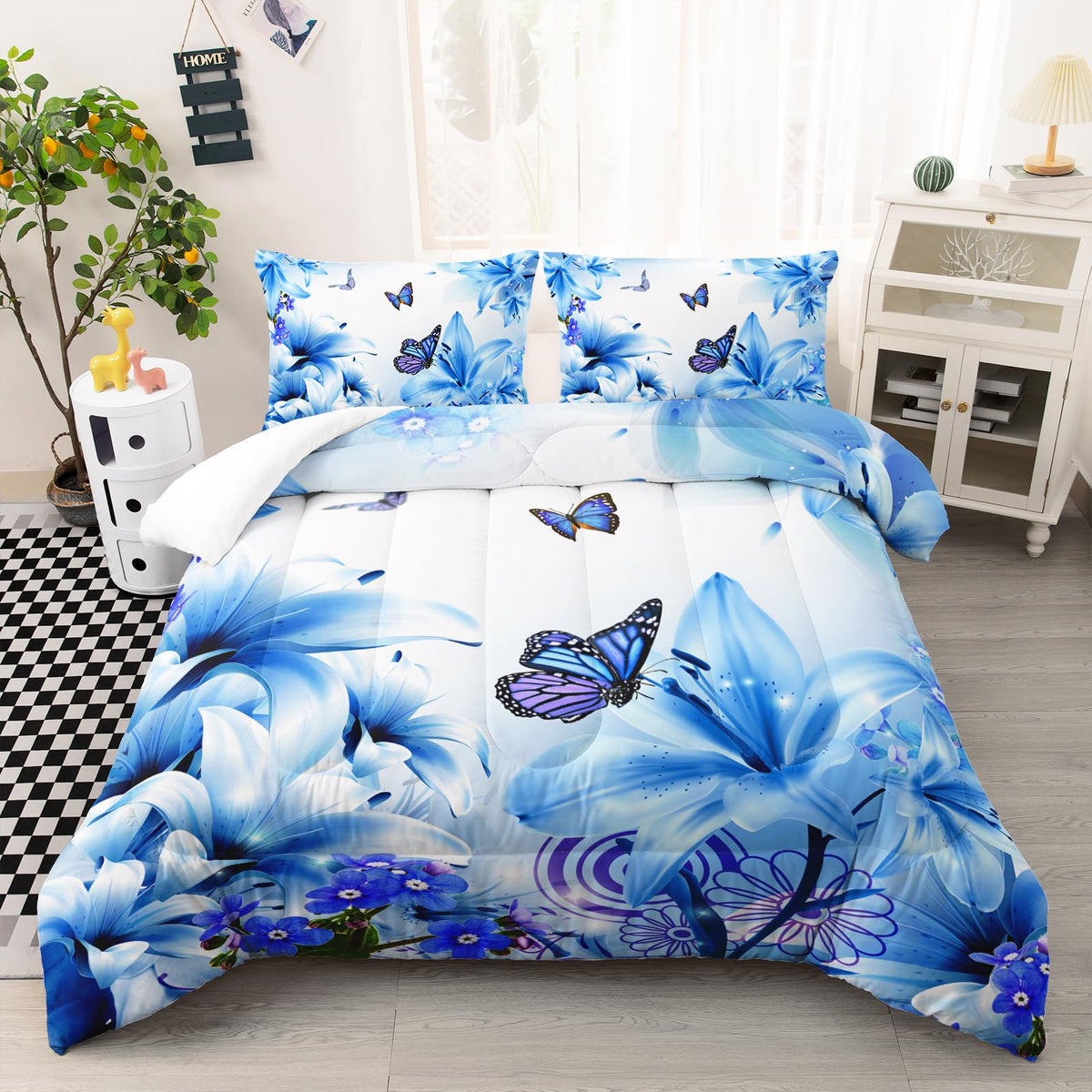 AILONEN Beautiful Butterfly Comforter Set Full Size, Blue Floral Butterfly Bedding Set for Kids Girls Women Room Decor,3Pcs Soft Breathable Duvet and 2 Pillowcases