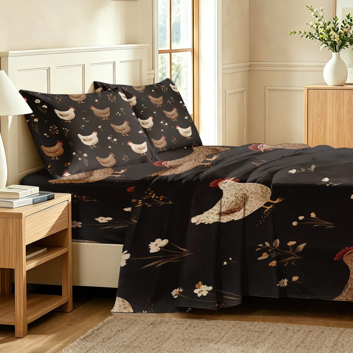 Chicken Full Sheet Set Rustic Farmhouse Flat Fitted Sheet Sets, Brown