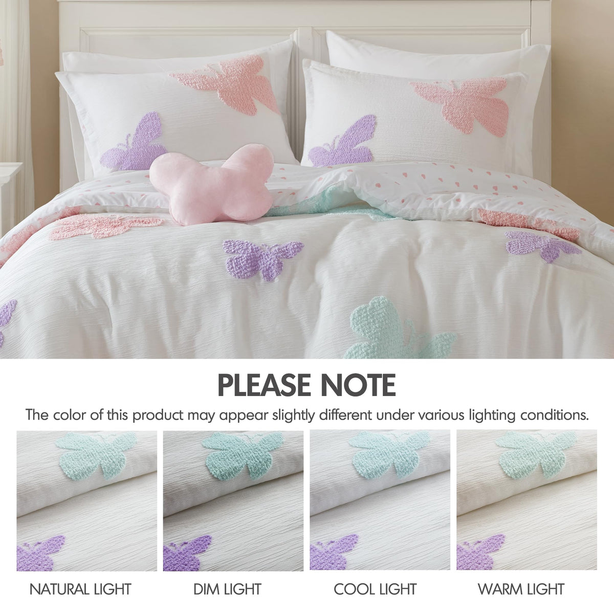 Intelligent Design Kids Rio Full/Queen Comforter Set – Girls’ Reversible Tufted Chenille Bedding with Pastel Purple Butterflies and Pink Dot, 4pcs