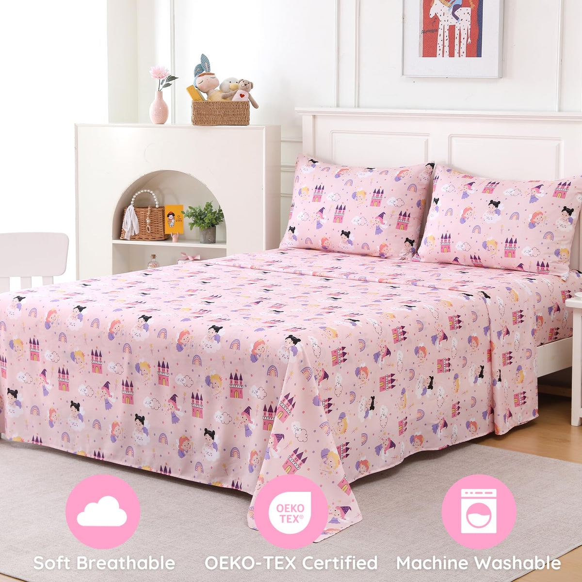 MCO Twin Sheets Set Kids, Soft Microfiber Bed Sheet Set for Boy Girls, 3 Pieces Breathable Twin Sheets Pink Fairy Castle
