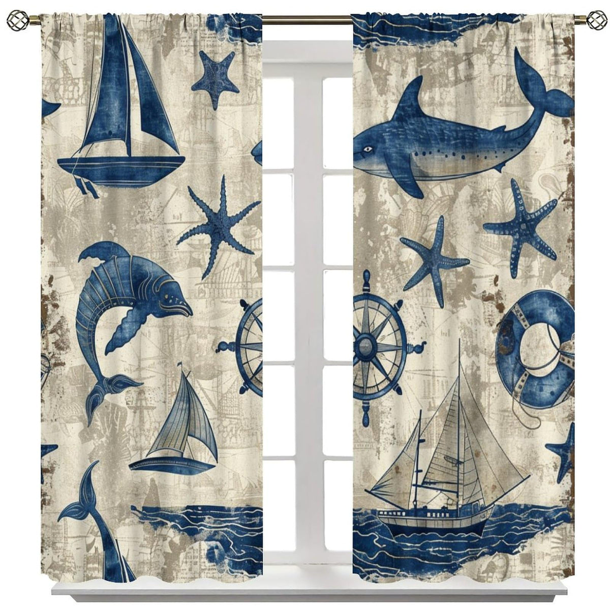TOWINSFB Compass Sailboat Shark Blackout Curtains, Retro Nautical Ocean Starfish Home Decor Rod Pocket Window Drapes for Living Room Bedroom - 42" W x 45" L