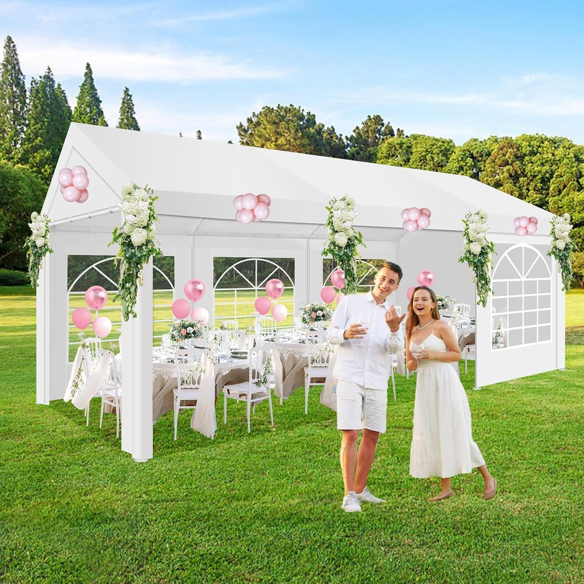 COBIZI 10x20FT Party Tent Heavy Duty for Parties, Large Outdoor Gazebo with Removable Sidewall & Built-in Sandbag, Powder Coating (Better Than Galvanized), Waterproof for Church & Wedding, Pure White