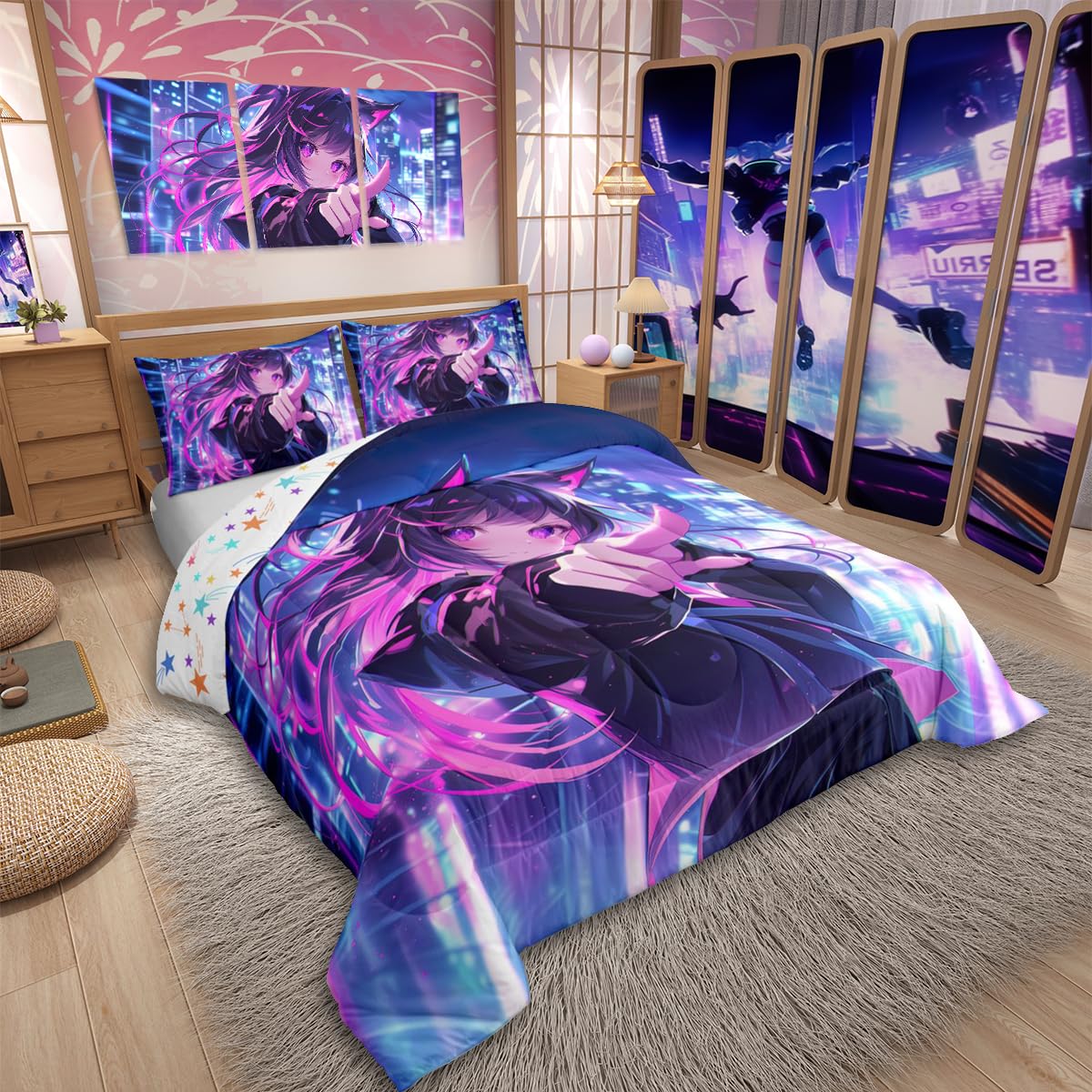 Erosebridal Kids Anime Girl Twin Size Comforter Set, Japanese Anime Bedding Set, Cartoon Girl Quilt for Boys Teens Bedroom Decor, Kawaii Japanese Animation Duvet Insert with 1 Pillow Case