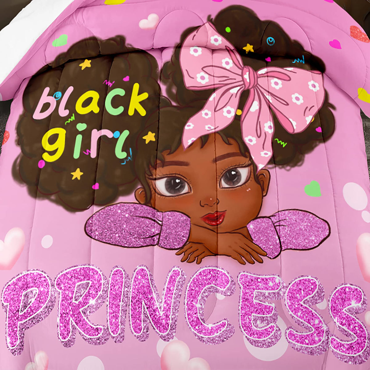 Jiospet Black Girl Full Size Comforter Sets for Girls-Black African Girls Bedding Sets Pink Princess Full Size Comforters Sets Kids Room, Full (1 Comforter 2 Pillowcases)
