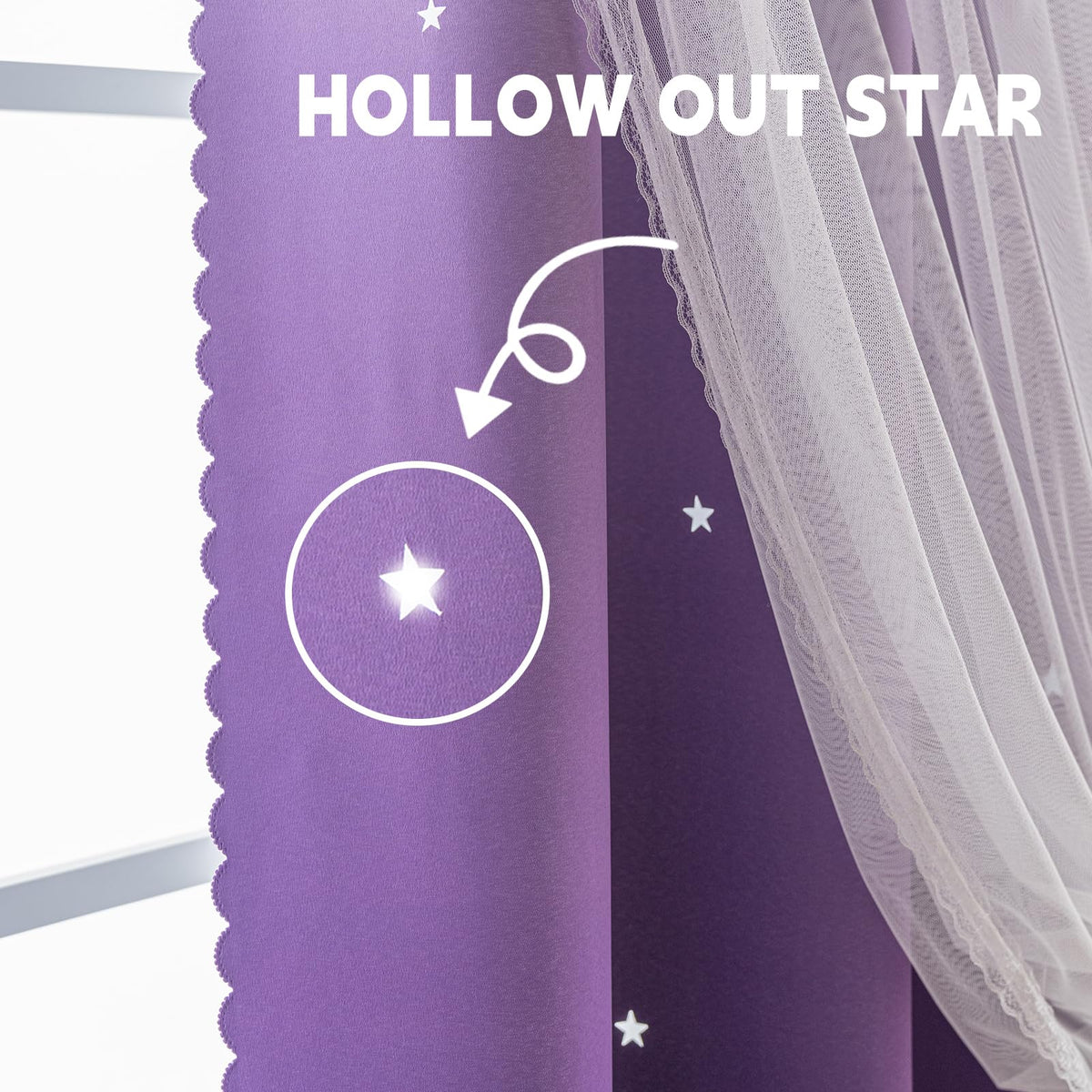 indistar Colourful Stripe Star Cut-Out Blackout Curtains for Bedroom,2 Layers Mix Design of Fabric & Tulle,Pretty Window Curtain for Kids Room 1 Panel (W52 x L72 Dark Purple)