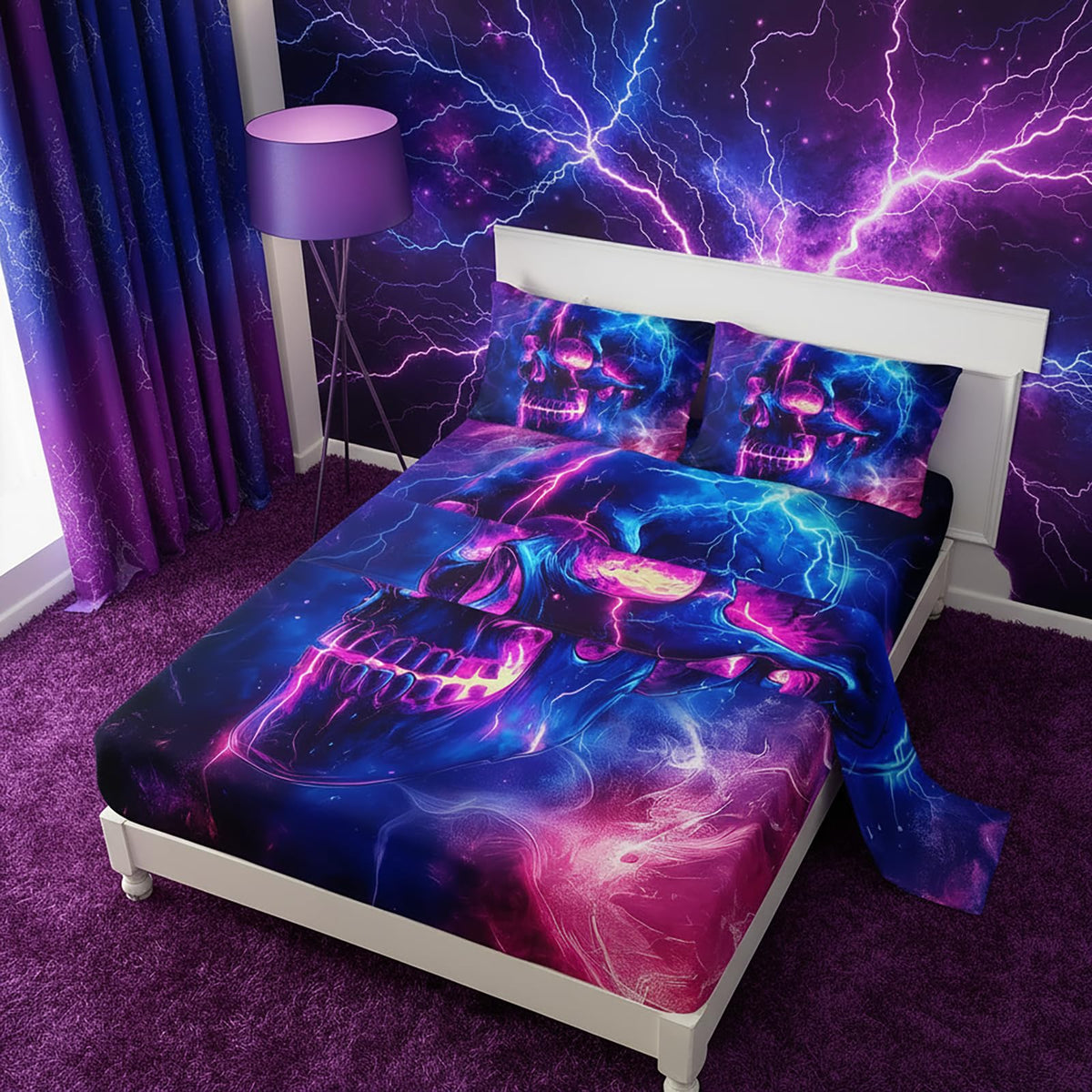 QOOMO Skull Kids Sheets Twin Size,Human Skeleton 16" Deep Pocket Bed Sheet Set,Galaxy Printed Bedroom Decor Bedding Set Soft and Breathable for Boys/Girls/Kids/Teens