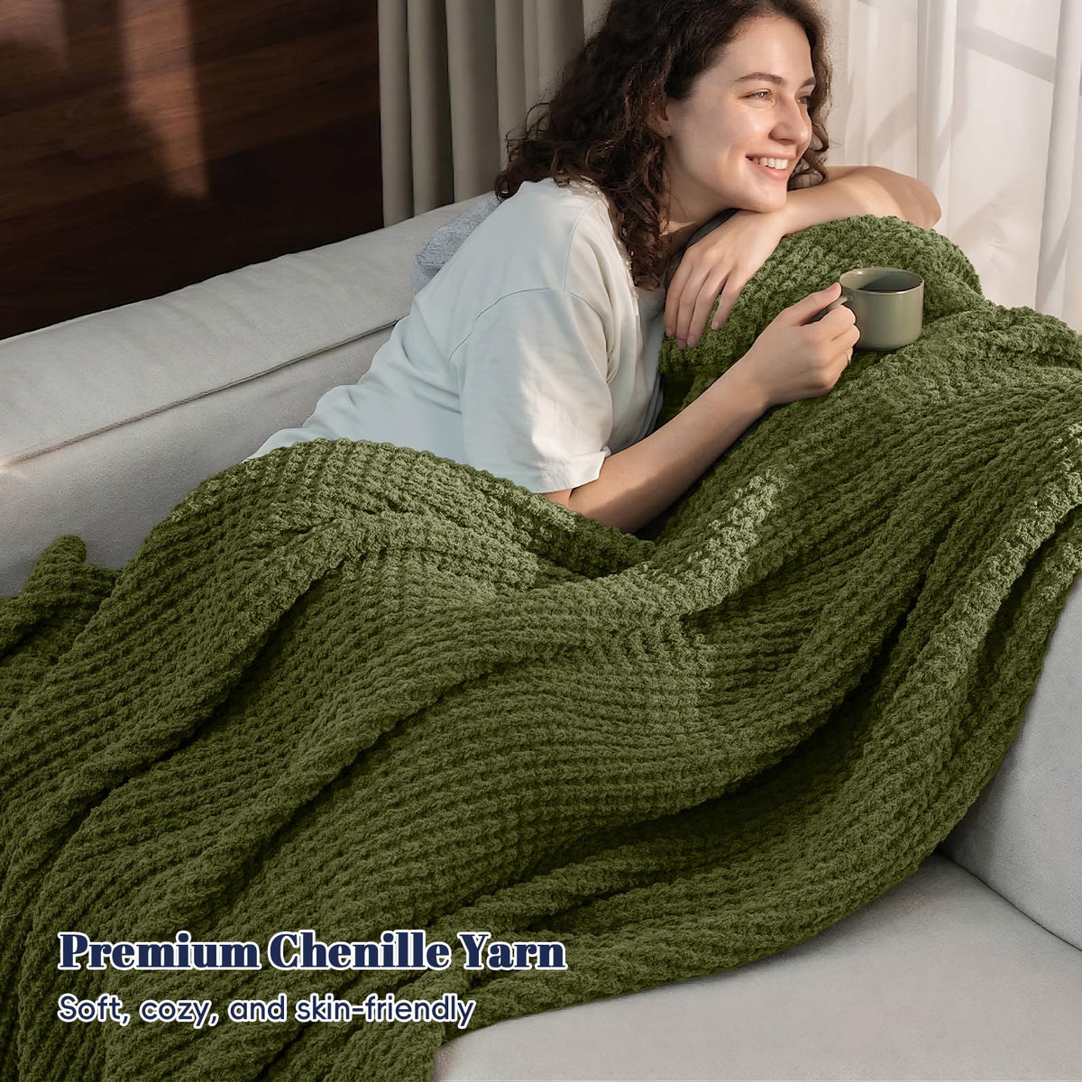 PHF Chenille Waffle Knit Throw Blanket- Plush Warm & Cozy 50" x 60" Ultra Soft Blanket- Chunky Fluffy Waffle Throws for Couch Bed Sofa - Olive Green