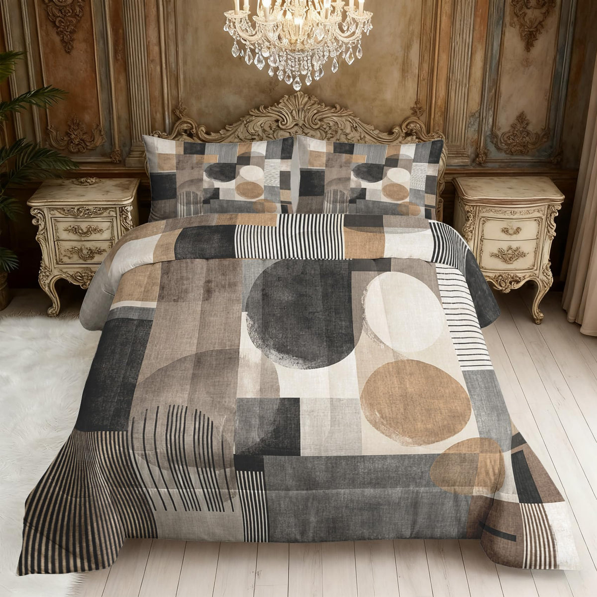 ZDABAOEC Mid Century Modern Queen Comforter Set 3 Piece, 2 Pillow Shams, Abstract Geometric Minimalist Reversible Down Alternative All Season Bedding, Soft Microfiber, Mid Century Bedroom Decor