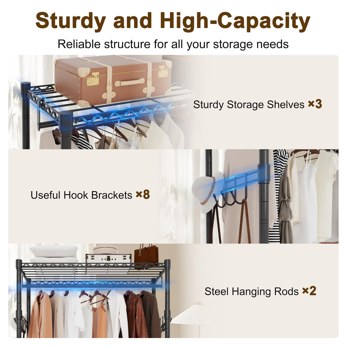 Whitmor 3 Tier Rolling Garment Rack, Heavy Duty Adjustable Metal Clothing Rack with Side Hooks, Double Rods & 360° Lockable Wheels, Max 600LBS for Hanging Clothes, 43" L x 18" W x 80" H, Black