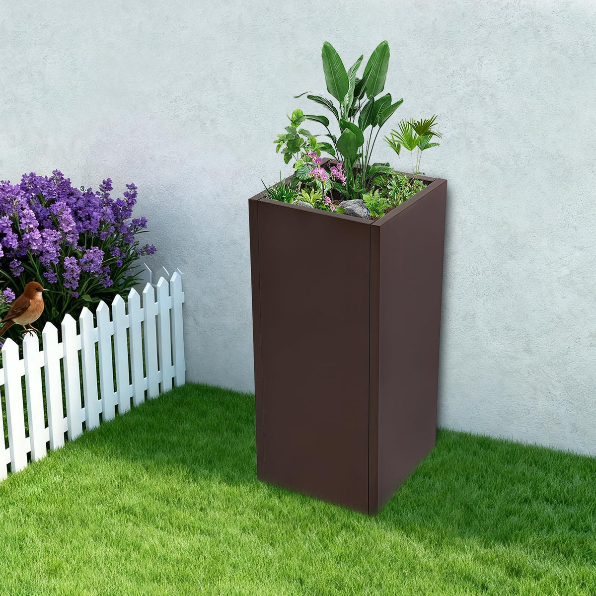 Tapischion Galvanized Steel Planter Box, 16x16x30 Inch Large Modern Rectangular Garden Pot for Outdoor, Rust-Resistant Elevated Flower Box for Patio, Deck, Balcony Decor