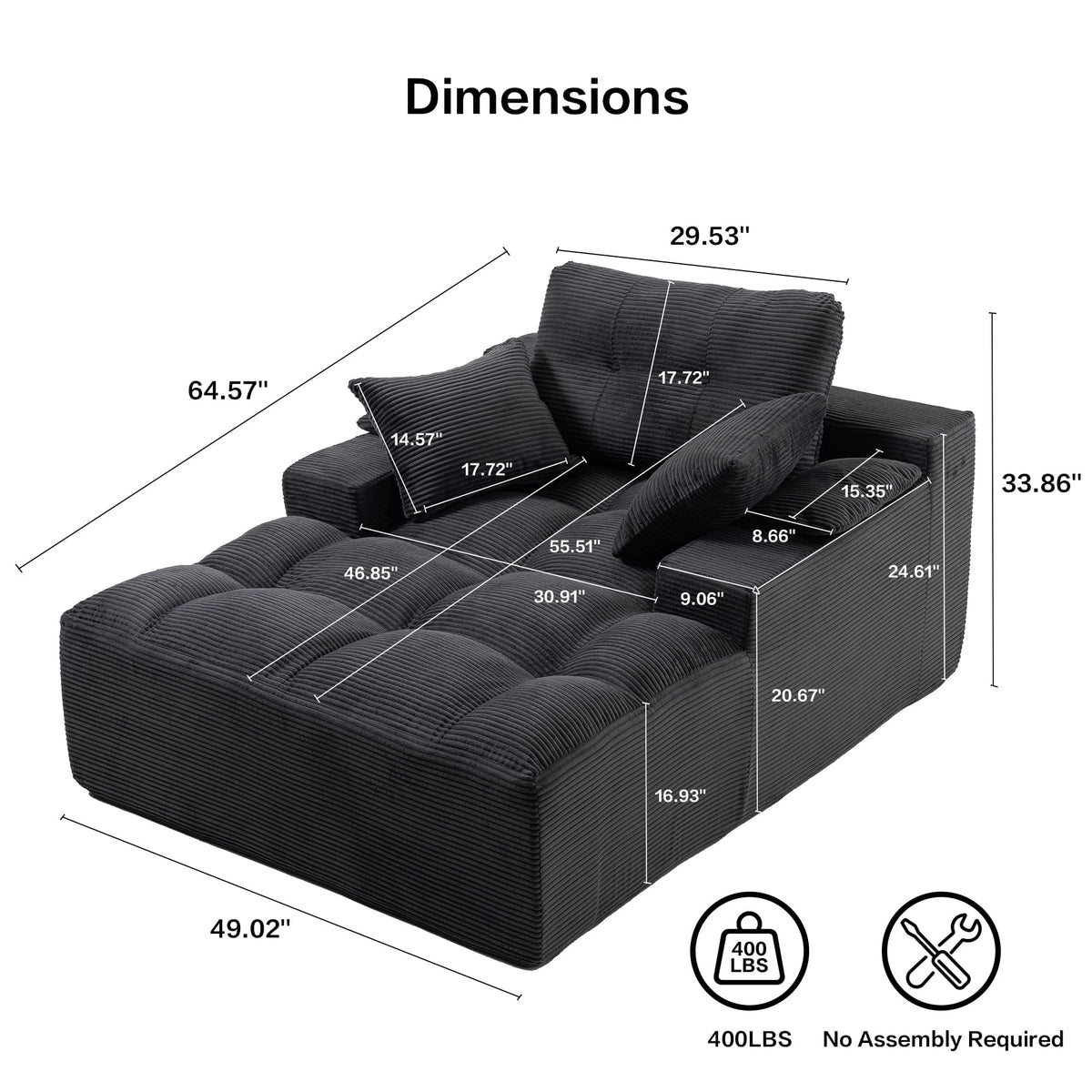 spanspace Chaise Lounge Chair Indoor, Oversized Sleeper Sofa Couch Bed with Removable Armrest Pads, Boneless Couch for Living Room, Bedroom