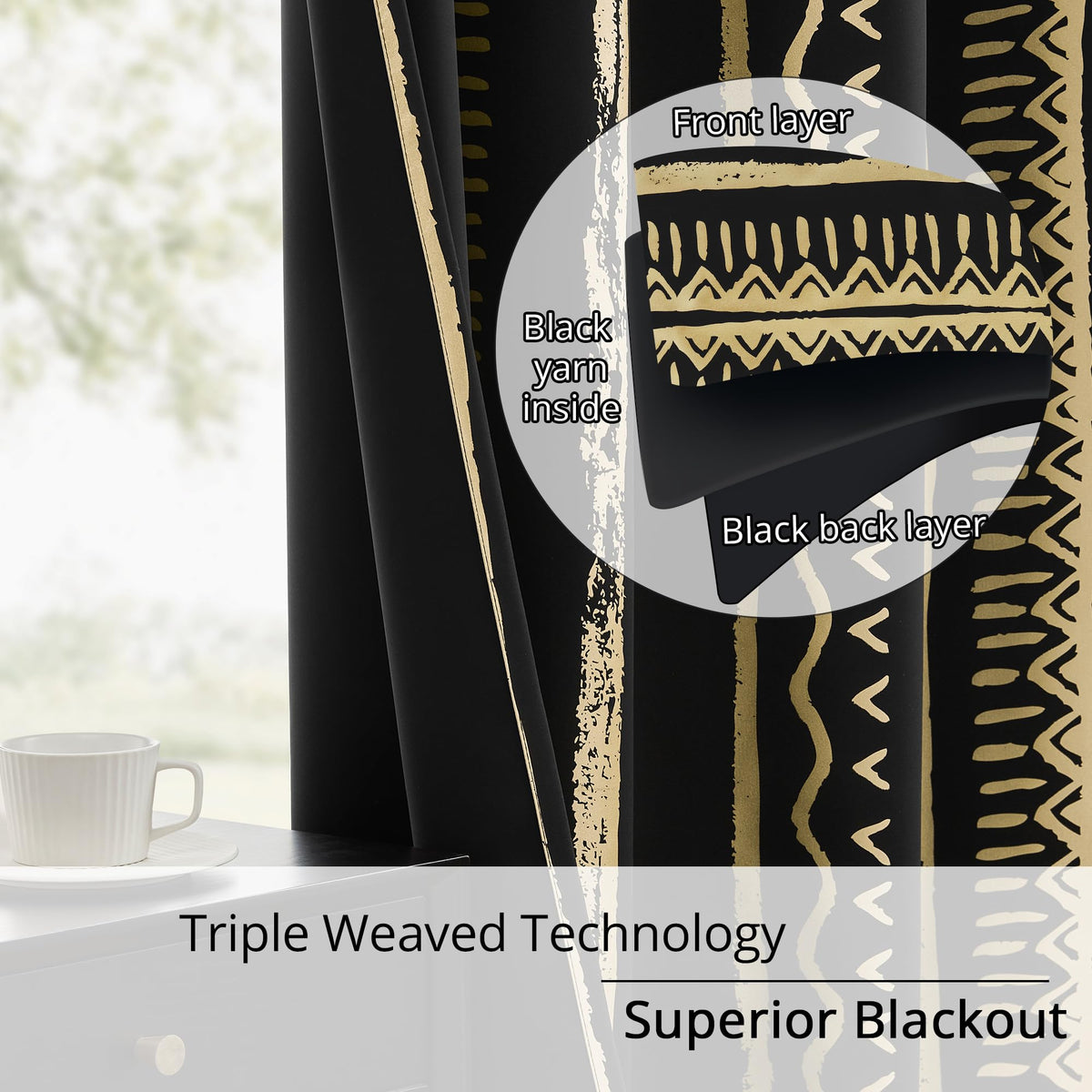 BOHOMOCASA Black and Gold Curtains, 100% Blackout, Boho Metallica Gold Foil Pattern – Thermal Insulated, Noise Reducing, Grommet Top, Set of 2 Panels, 52 x 96 Inch, Bohemian Design