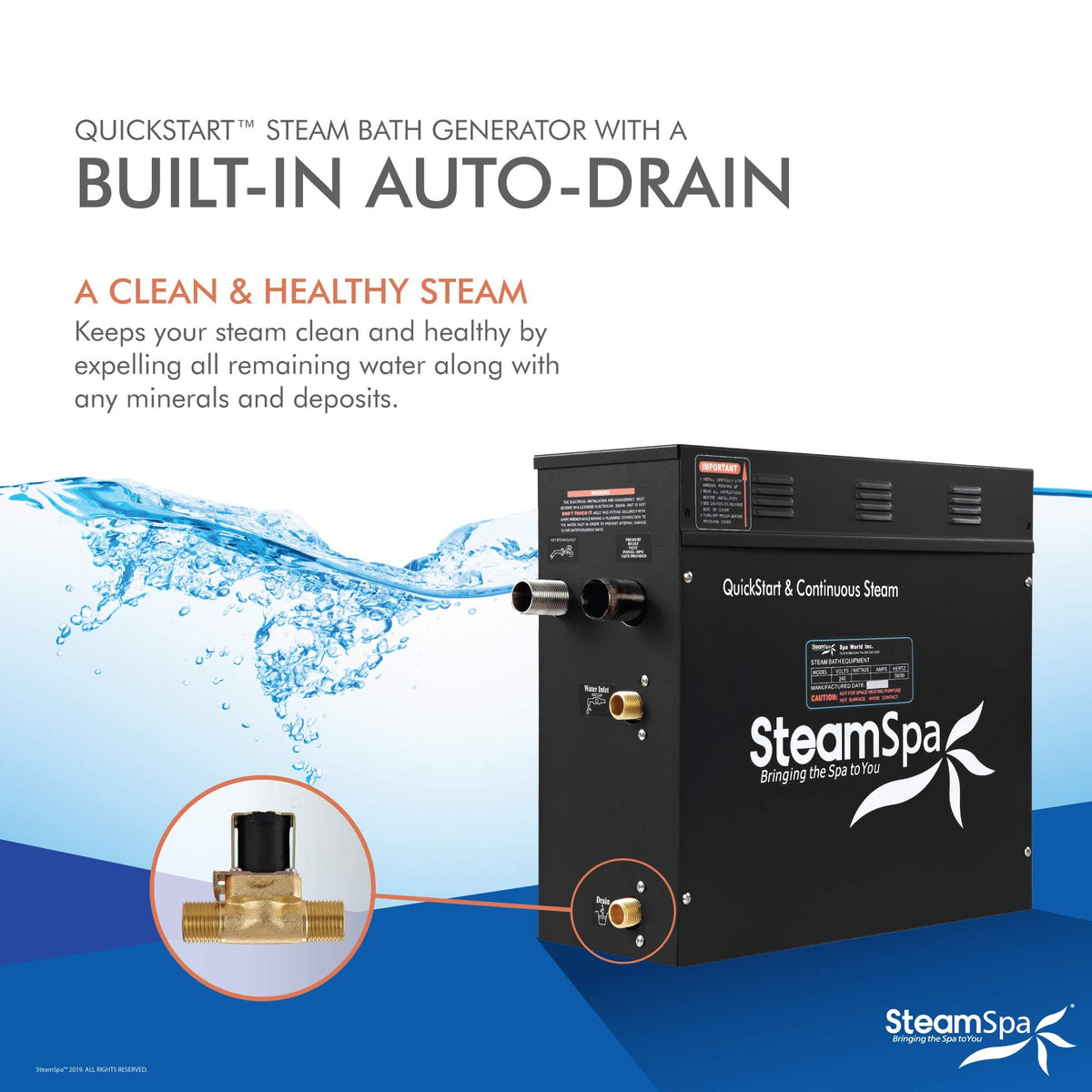SteamSpa Generator with Quick Start Continuous Steam Technology, Wi-Fi, Bluetooth and Autodrain | 15kW Steam Generator with Black Steam Head with Aromatherapy Reservoir | RVB1500BK-A