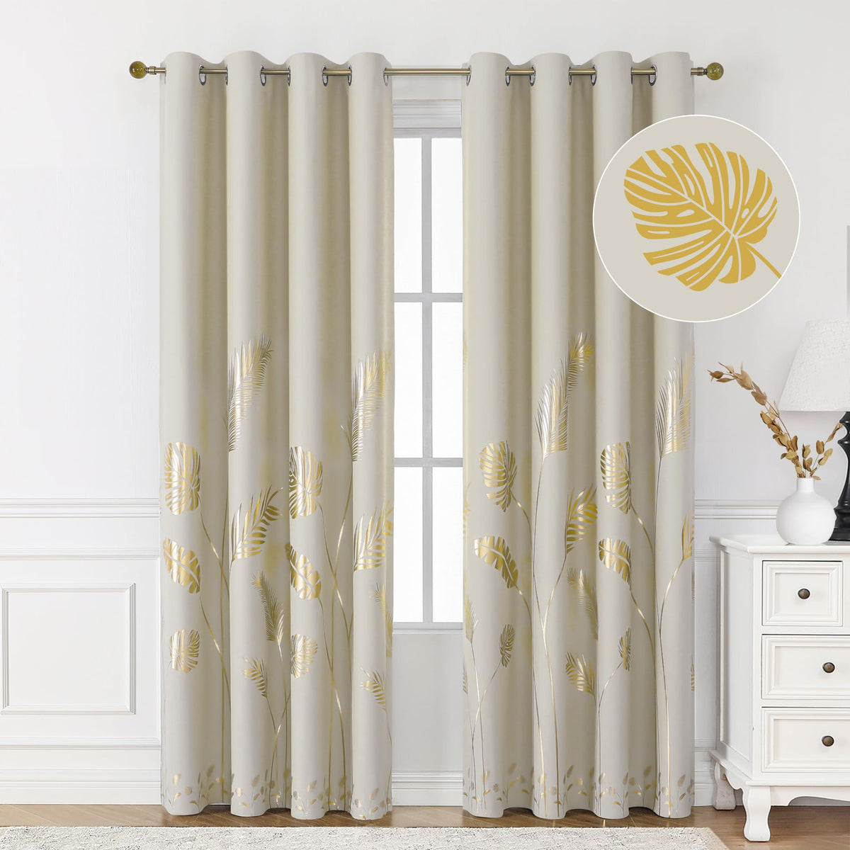 BUHUA Blackout Curtains 72 Inches Length Gold Palm Pattern Designed Window Drapes Room Darkening Noise Reducing Thermal Insulated Curtains, 52W x 72L, Natural, Set of 2 Panels
