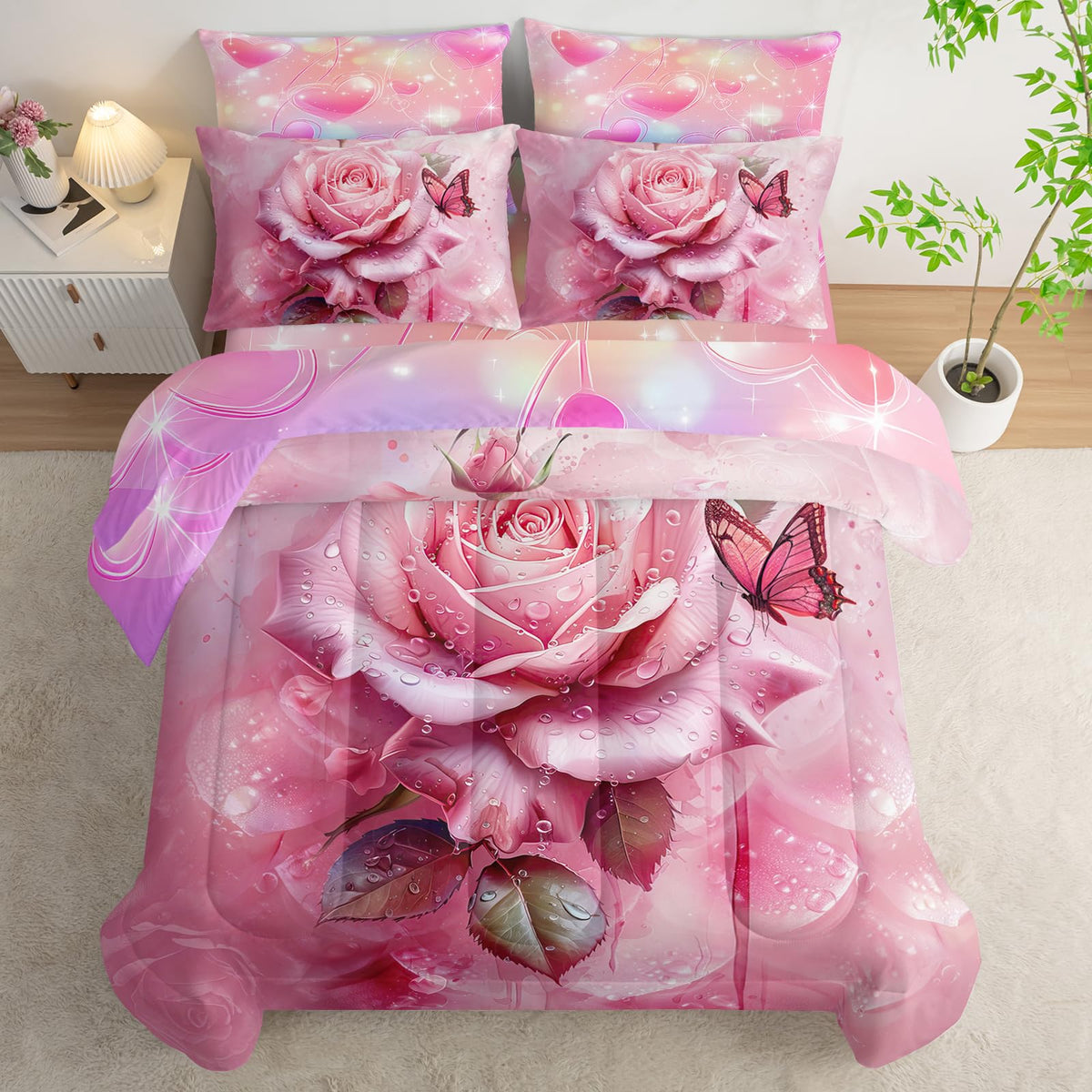AILONEN Pink Rose Comforter Set Twin Size for Girls Women,7-Piece Soft Bed in a Bag,Rose Flower Butterfly Comforter & Fitted Sheet & Flat Sheet & 2 Pillowcases,2 Pillow Shams