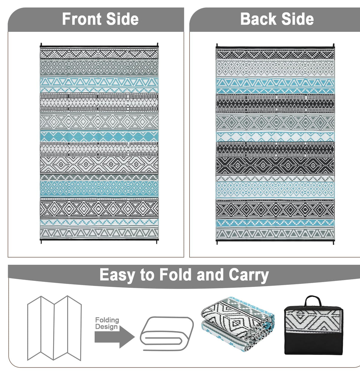 COZYLOOM Outdoor Rug for Patio 9x18 ft Waterproof Clearance, Reversible Indoor Outdoor Plastic Straw Camping Rug Carpet, RV Mat, Large Area Rug for Deck, Backyard, Balcony, Porch, Beach, Blue/Grey