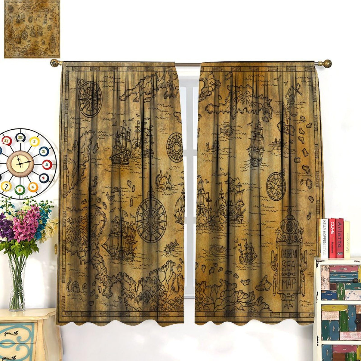 XBDDZSW Nautical Sailboat Map Curtains Sketch Pirate Ship Wheel Compass Starfish Coral Reef Nautical Map Pattern Print Window Drapes for Bedroom Living Room Kitchen Decor,2 Panel Set,42x45 Inch Decor