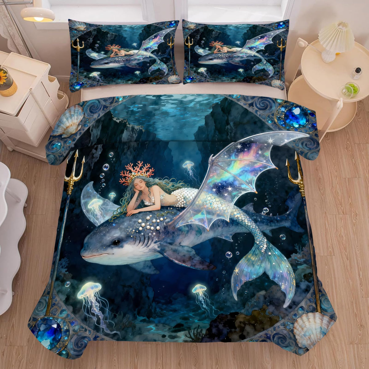 kxry Mermaid King Bedding Sets for Girls Kids, Ocean Fish Scales Quilt, Coastal Nautical Sea Animal Comforter Sets, Cute Jellyfish Duvet, Sparkle Mermaid Fish Scale Soft Comforter, 3 Pcs