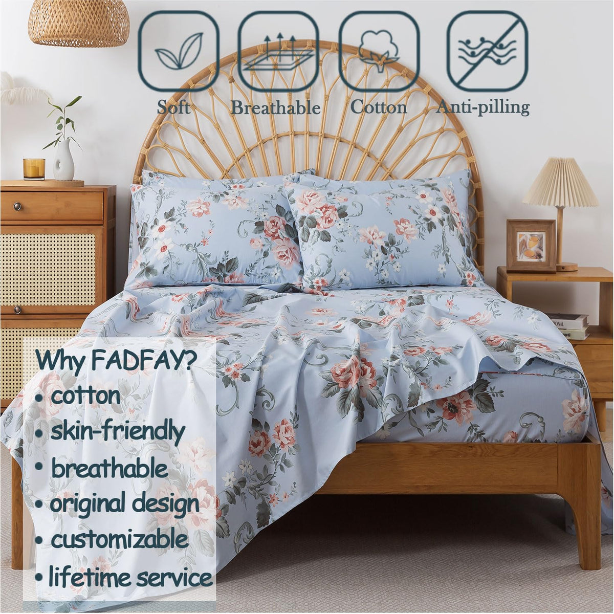 FADFAY Queen Sheets Set Percale Cotton Floral Bed Sheets Deep Pocket Fitted Sheet, Luxury Pink Roses and White Small Flowers Pattern Shabby Vintage Countryside Style Bedding,4Pcs