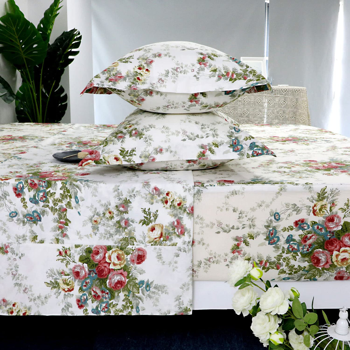 FADFAY Sheet Set Cal King Vintage Rose 100% Cotton Hypoallergenic White and Grey Deep Pocket Fitted Sheet 4-Pieces Cal King