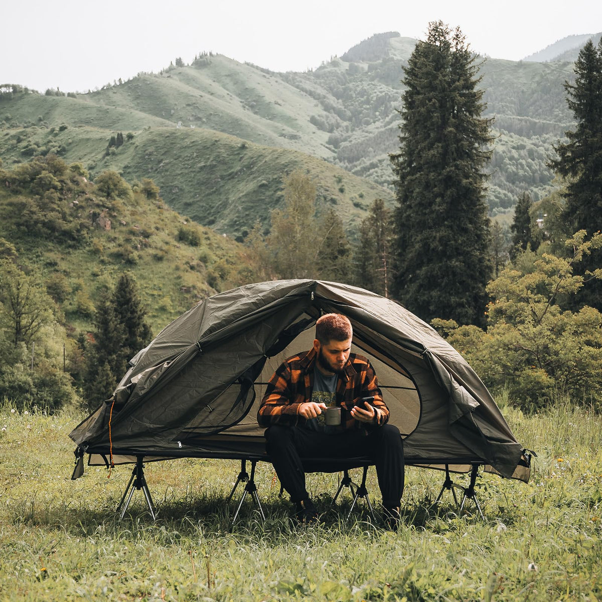 Night Cat Camping Cot Tent - Waterproof 1-Person Off-Ground Combo Cot Bed for Adults Portable Easy Set-up Tent Green 31.5'' Width