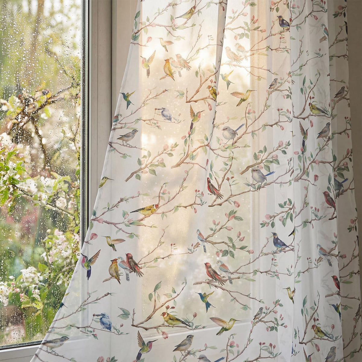 Horaldaily Outdoor Sheer Curtains for Living Room and Bedroom, Birds Branch Floral Window Curtains, Holiday Window Drapes Decor, 52" W x 84" L, Set of 2 Curtain Panels