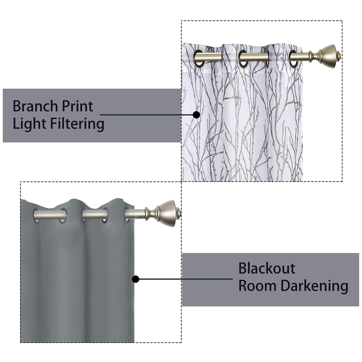 BONZER Mix and Match Curtains - 2 Pieces Branch Print Sheer Curtains and 2 Pieces Blackout Curtains for Bedroom Living Room Grommet Window Drapes, 37x84 Inch/Panel, Light Grey, Set of 4 Panels