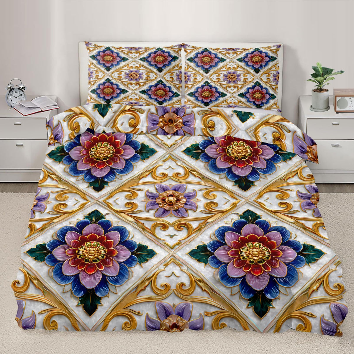 ZAMODE Floral Duvet Cover 120" x 98", Vintage Exotic Flower Bedding Set, Luxury Flowers Comforter Cover with Zipper Ties