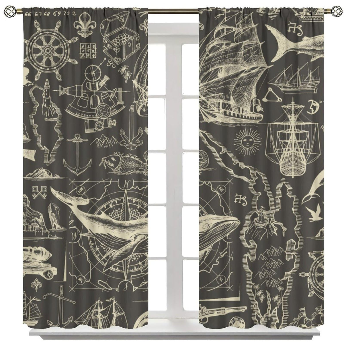 Retro Nautical Coastal Curtains Vintage Ocean Adventure Map Sail Whale Anchor Abstract Rod Pocket Window Treatments For Kids Boys Bedroom Living Room 2 Panels Set 41× 45 in (No Blackout)
