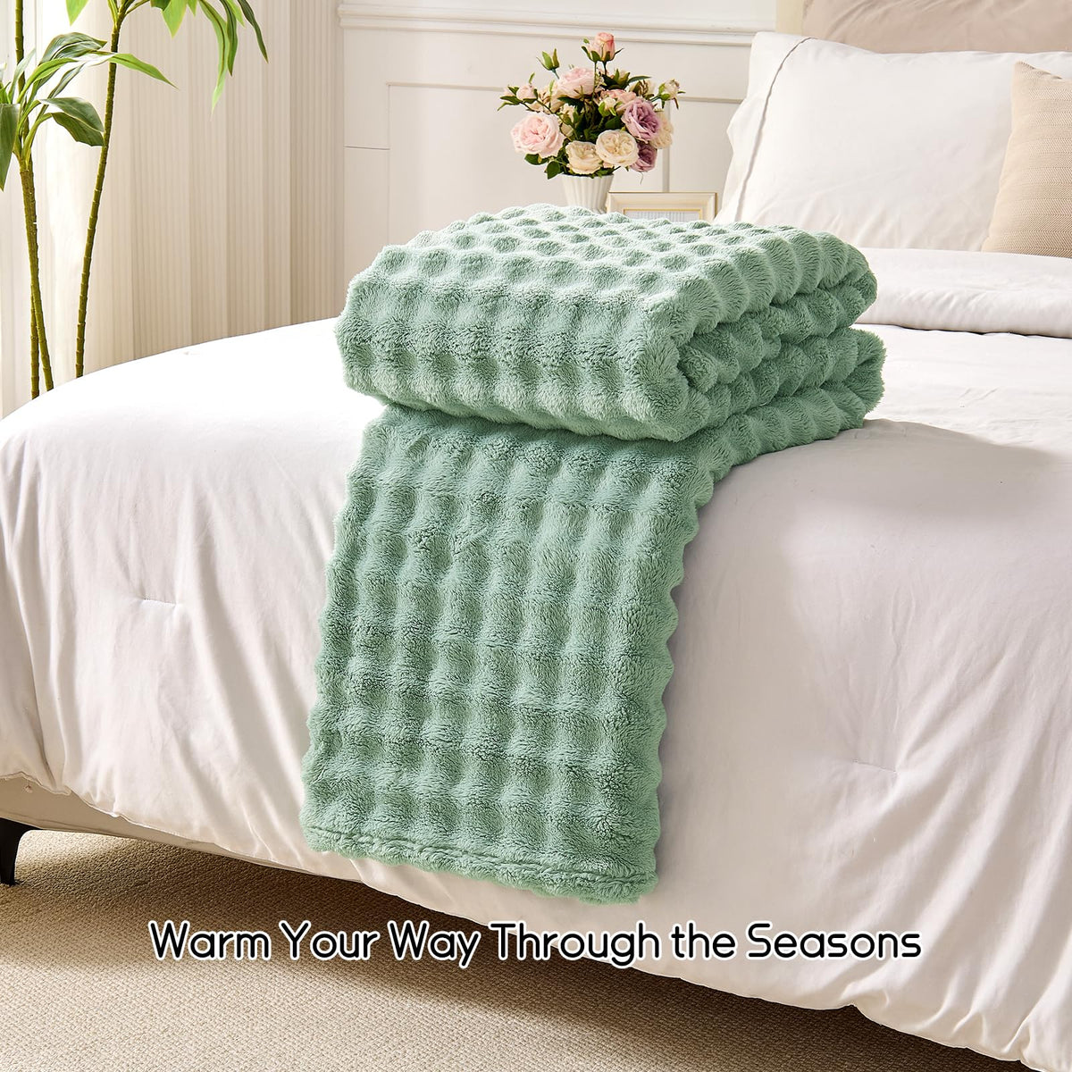 Lotus Karen 3D Bubble Fleece Blanket - Ultra Soft Fluffy Sage Green Throw Blanket for Couch, Lightweight Cozy Throw for All Season, Adults Women Kids(Sage Green, 50"x60")