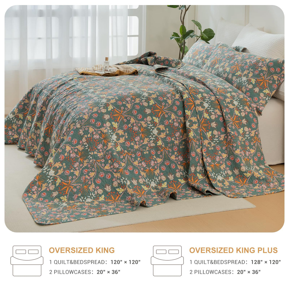 QSH 100% Cotton Oversized King Bedspread Set(128"x120")-3Pcs Floral Quilt Coverlet California King Size Luxury Paisley Flower Botanical Printed Bedspread Bedding Set Lightweight Soft for All Season