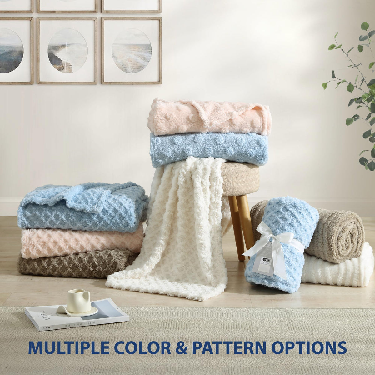 Cozy Ultra Soft Patterned Jacquard Plush 50" x 70" Throw Blanket, Fuzzy Blanket for Bedroom Living Room Sofa Couch, Lightweight & Warm for All Seasons, Machine Washable, Wave, Coconut Milk
